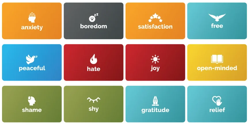 A grid of emotions cards, each colour-coded by energy level