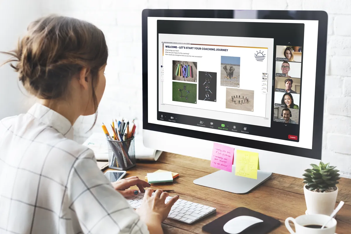 A visual coaching session on metaFox.online — picture cards on a shared board with the client on a video call.